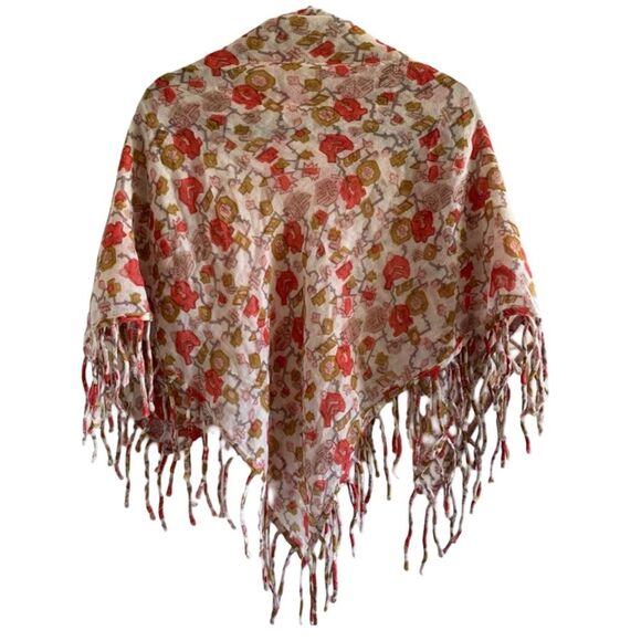 1937 Accessories Wool Floral Fringe Scarf Shawl in Red/Greenish Yellow/Beige - Picture 3 of 6